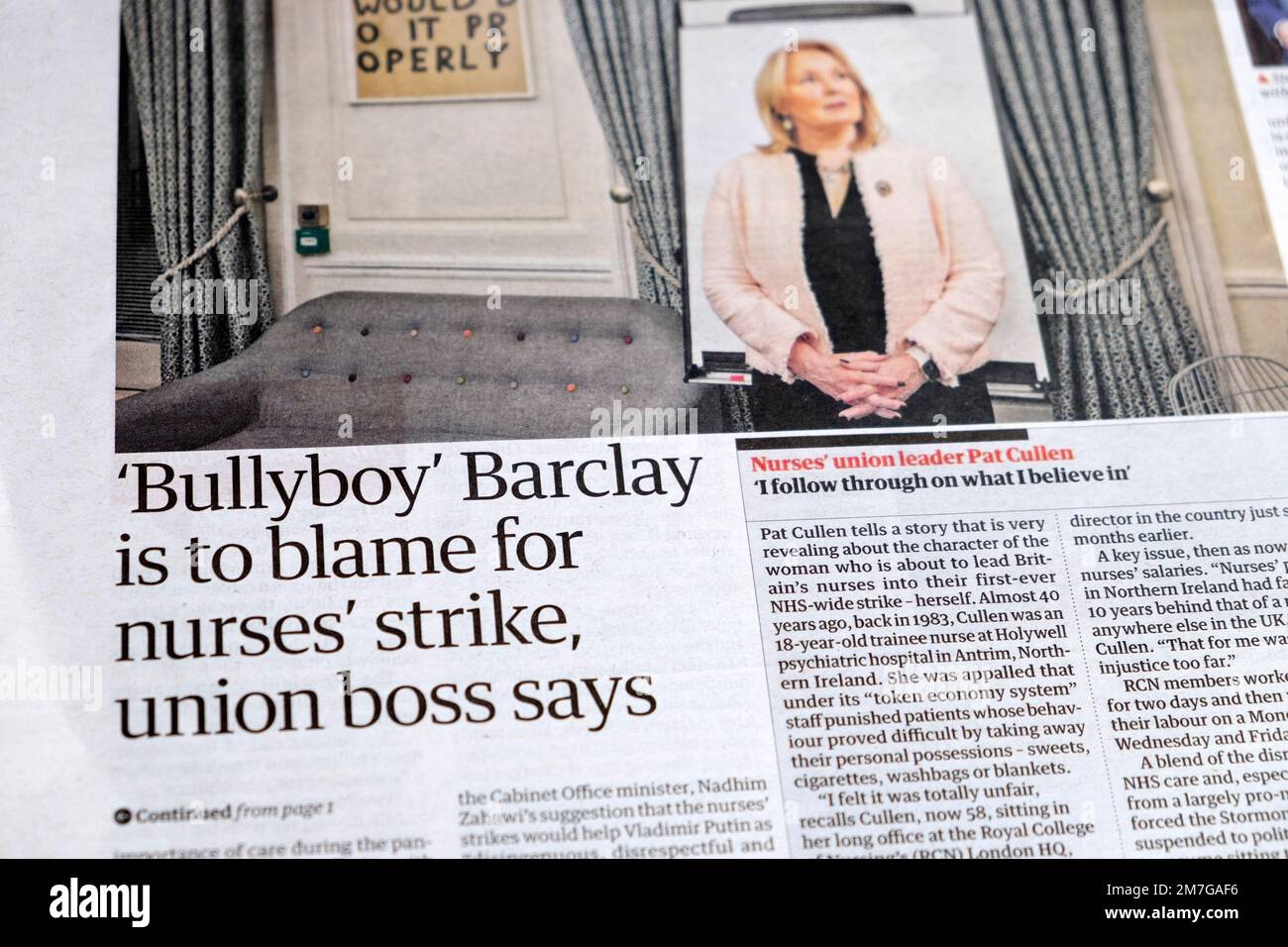 "Bullyboy" Barclay est à blâmer pour la grève des infirmières - le patron syndical" le journal Guardian page principale grève des infirmières NHS 9 décembre 2022 Grande-Bretagne Royaume-Uni Banque D'Images