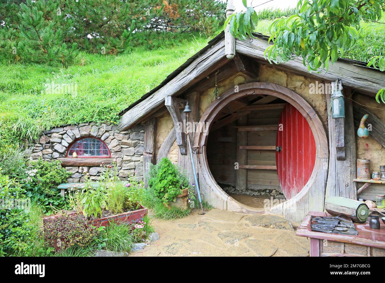 Maison Hobbit avec porte ouverte - Matamata, Nouvelle-Zélande Banque D'Images