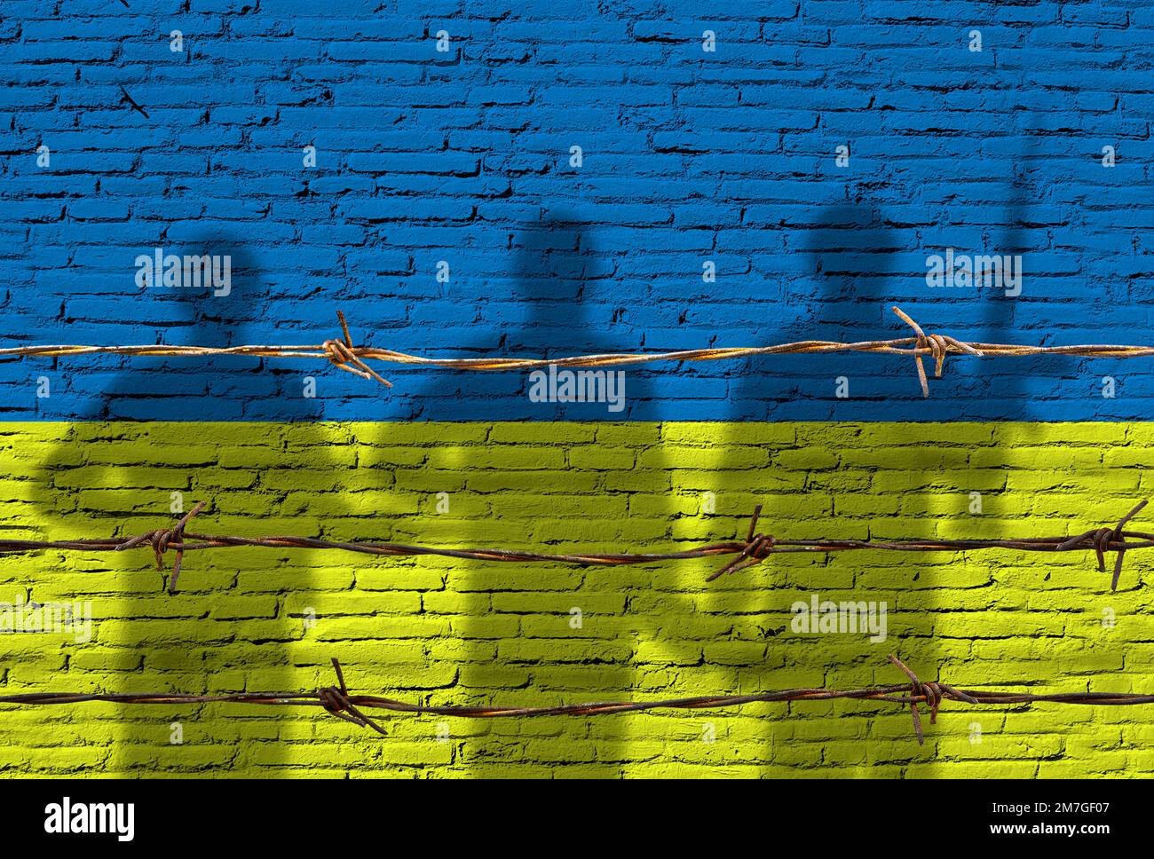 Drapeau de l'Ukraine peint sur un mur de briques avec des soldats