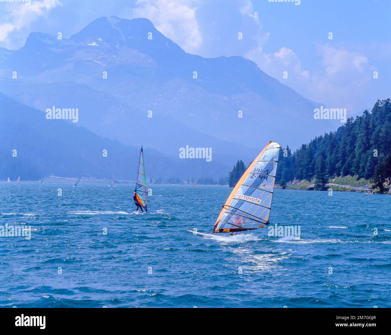 Planche à voile sur le lac Silvaplana (Silvaplanersee), Silvaplana, Engadin, Grisons, Suisse Banque D'Images