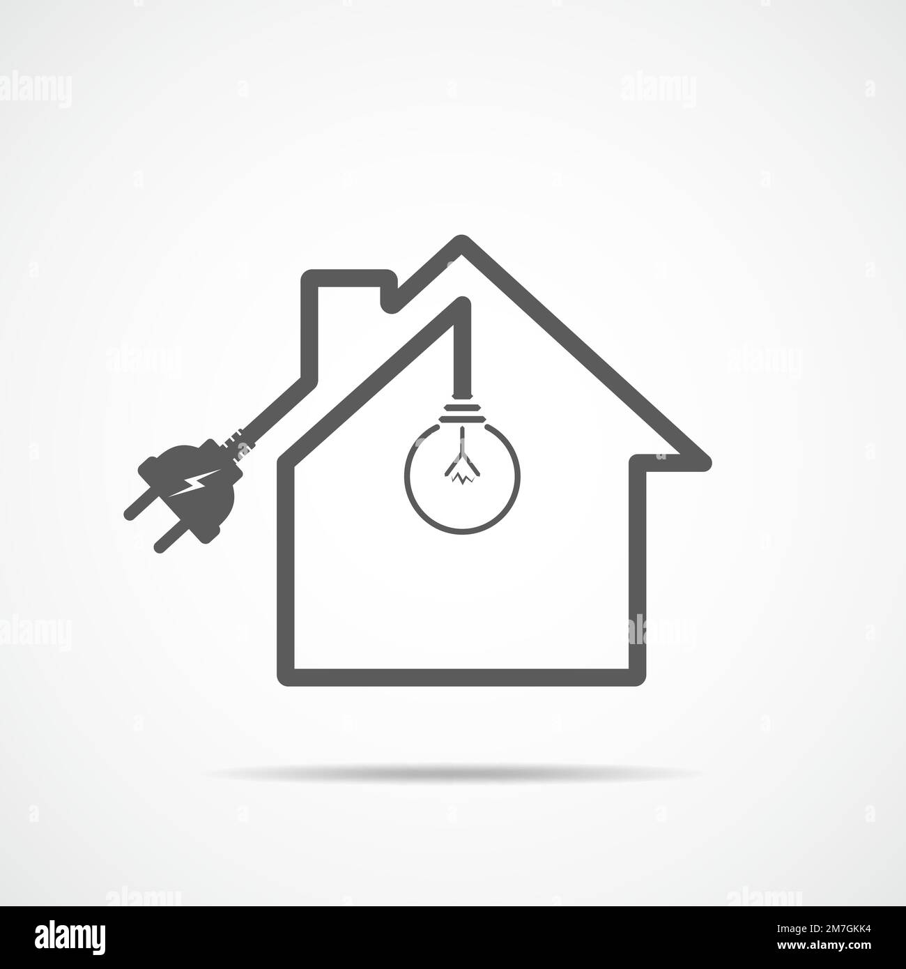 Le contour de la maison avec ampoule et fiche de fil. Illustration vectorielle. Icône maison grise, isolée sur fond clair. Illustration de Vecteur