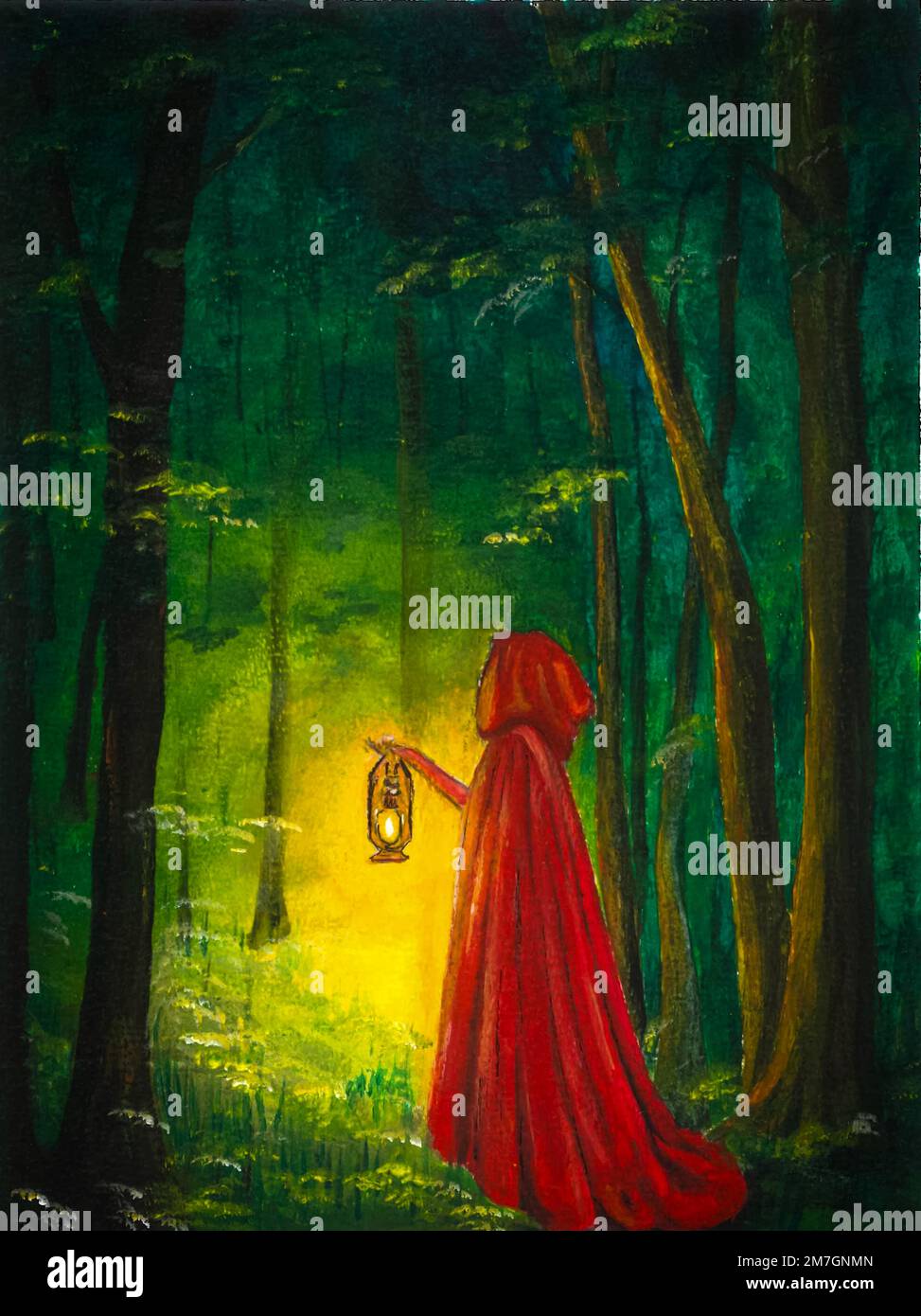 Peinture acrylique d'une femme en manteau rouge dans la forêt la nuit avec lanterne. Banque D'Images