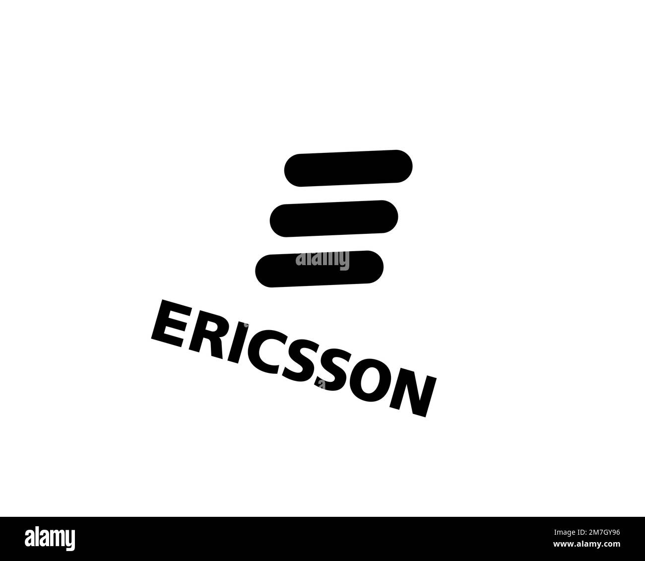 Ericsson, logo pivoté, fond blanc B Banque D'Images