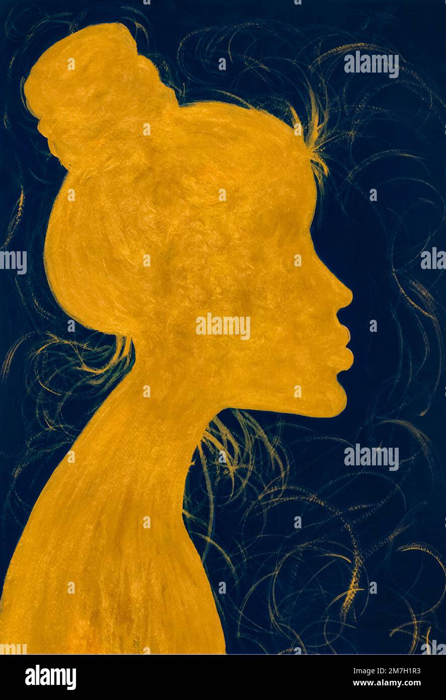 Silhouette de femme africaine ou asiatique en jaune sur fond bleu marine. Peinture d'art acrylique. Banque D'Images