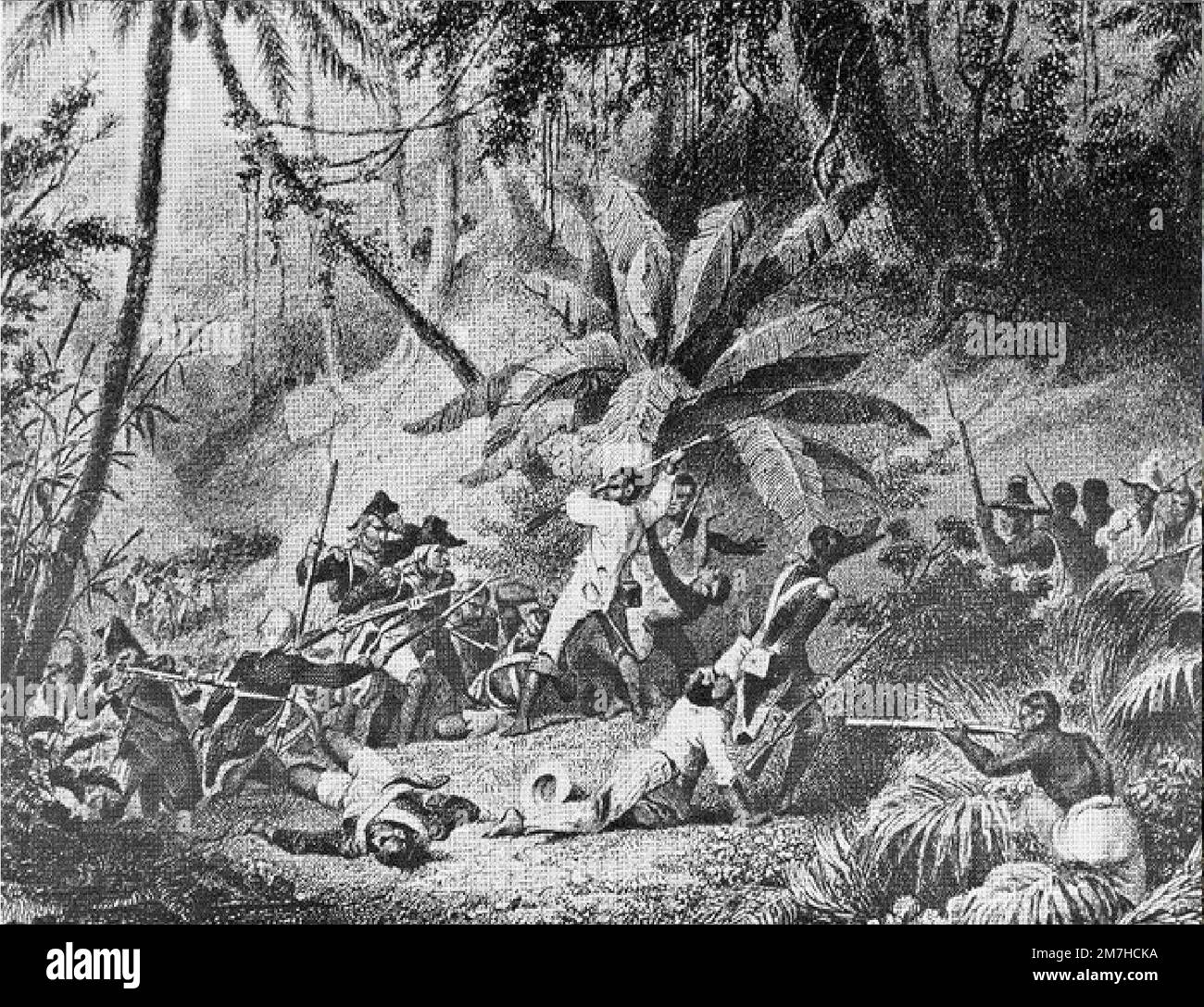 Bataille à 'Sake Gully' en 1802 pendant la Révolution haïtienne. Cette révolution a été le renversement violent et sanglant de la classe dirigeante blanche d'Haïti lors d'un soulèvement des esclaves. Banque D'Images