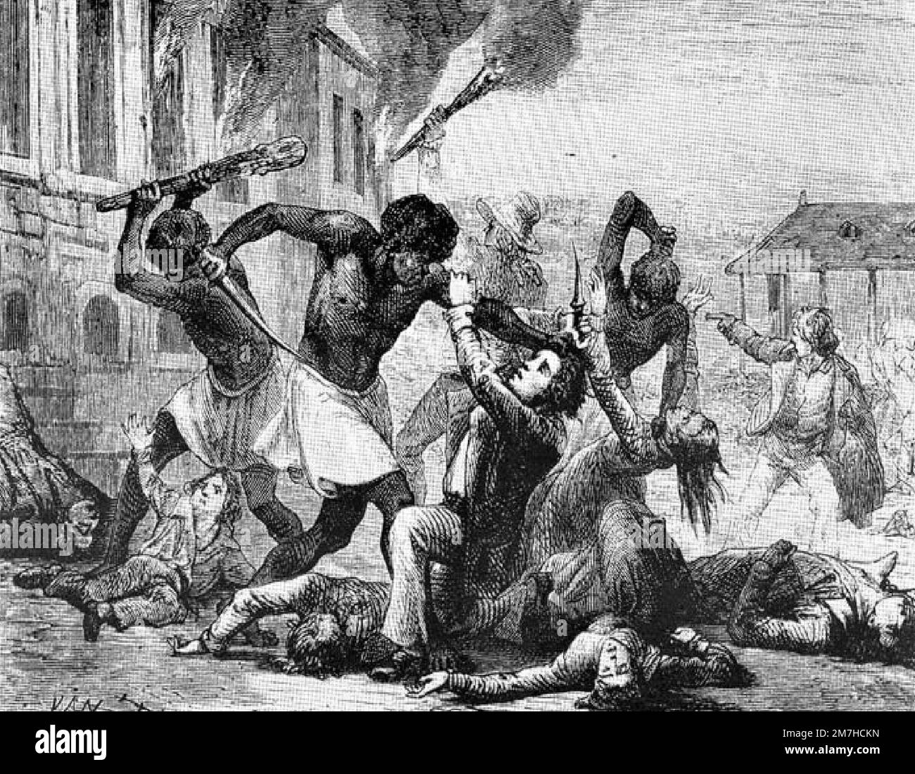 Une illustration du massacre de la population blanche d'Haïti par les esclaves rebelles pendant la Révolution haïtienne. Cette révolution a été le renversement violent et sanglant de la classe dirigeante blanche d'Haïti lors d'un soulèvement des esclaves. Banque D'Images