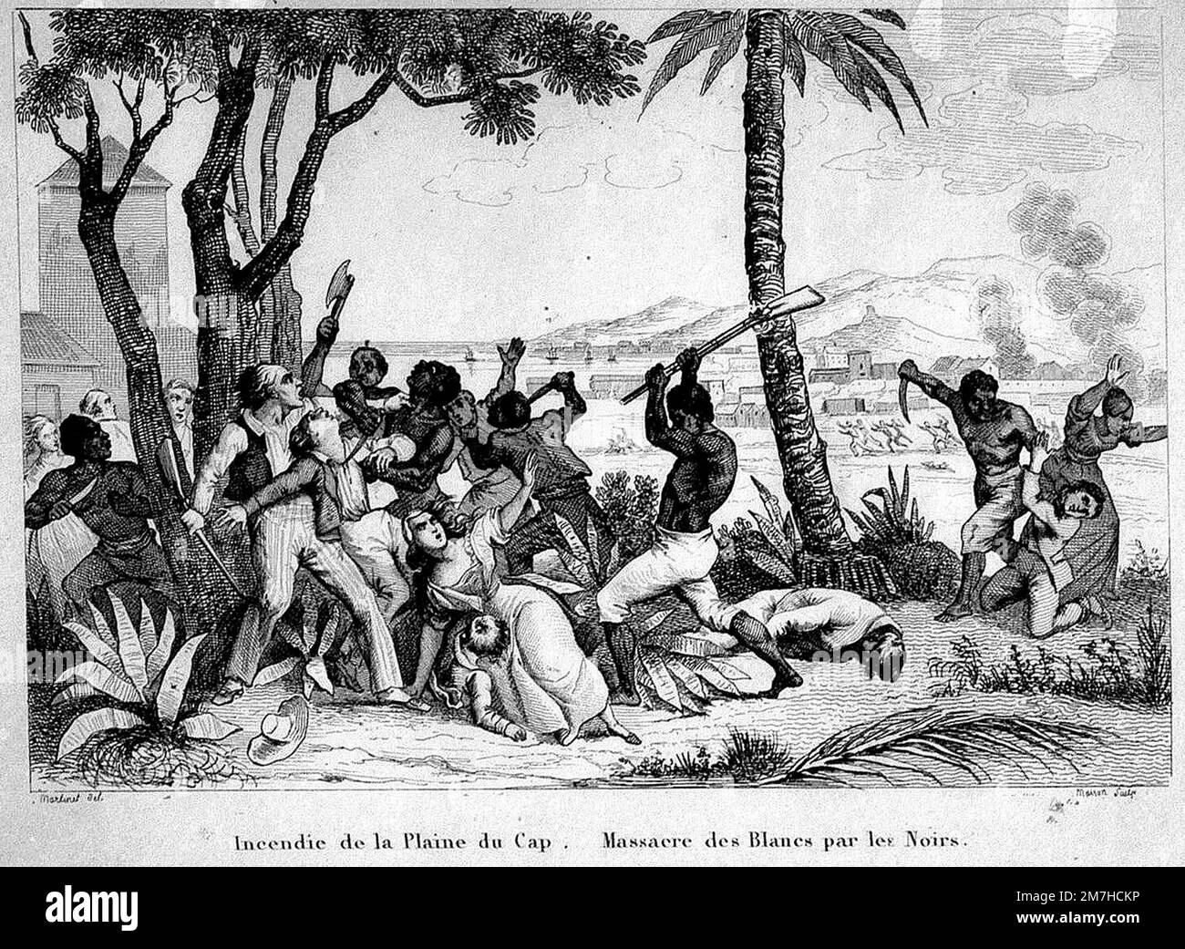 Brûlage de la Plaine du Cap - massacre de blancs par les Noirs.' Sur 22 août 1791, les esclaves incendient des plantations, ont torqué des villes et massacré la population blanche. Banque D'Images