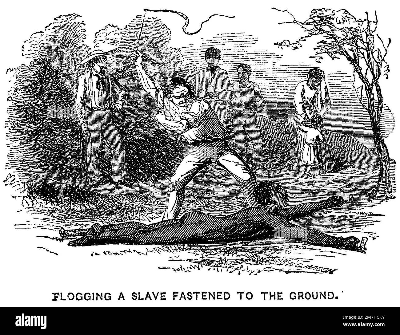 Une illustration de la flagellation publique d'un esclave lié au sol à partir d'une brochure de 1853 sur la lutte contre l'esclavage Banque D'Images