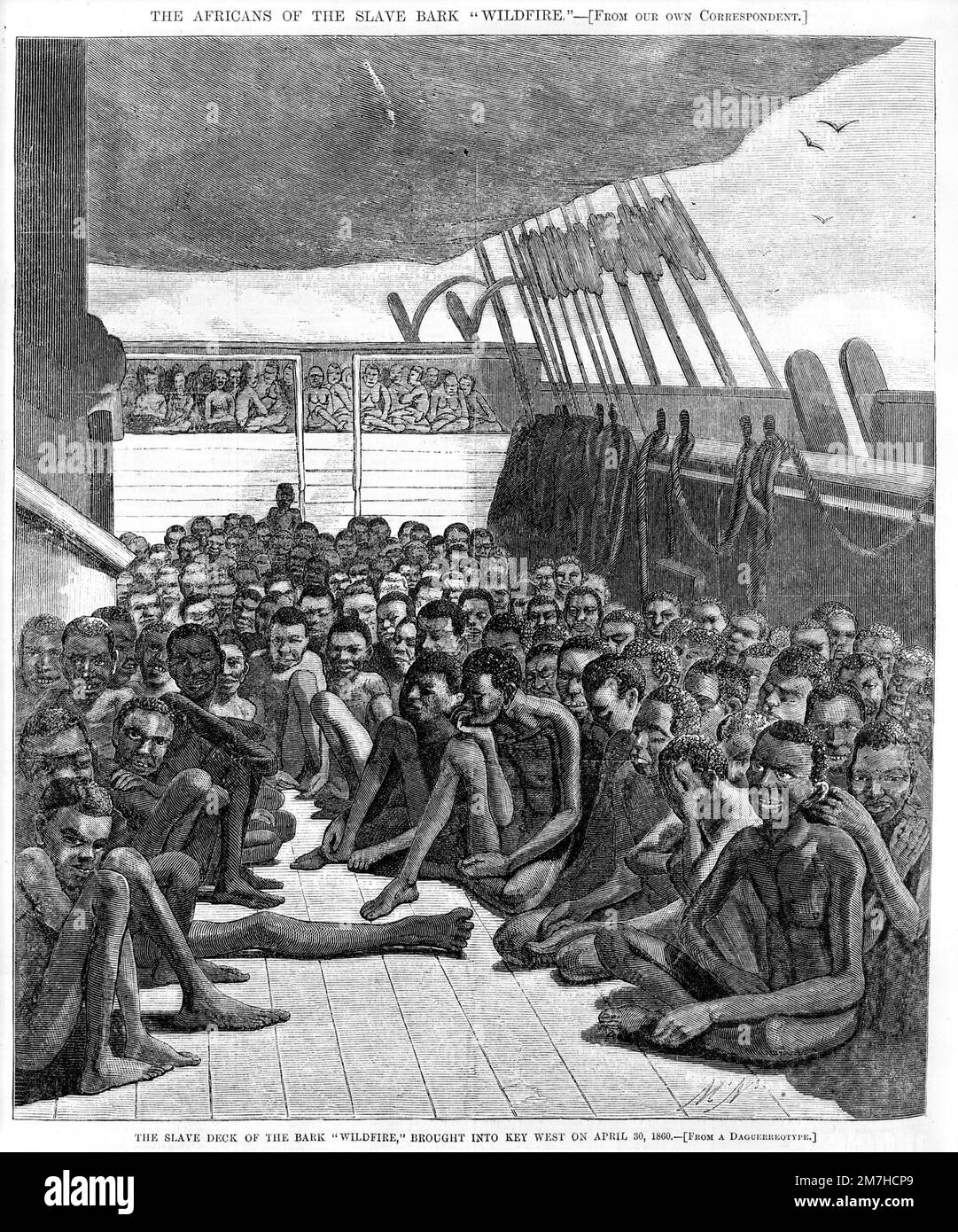 Illustration du navire-esclave américain Wildfire utilisé pour transporter des esclaves en Europe et dans les Amériques, montrant les conditions horriblement surpeuplées dans lesquelles les esclaves ont été transportés. Banque D'Images