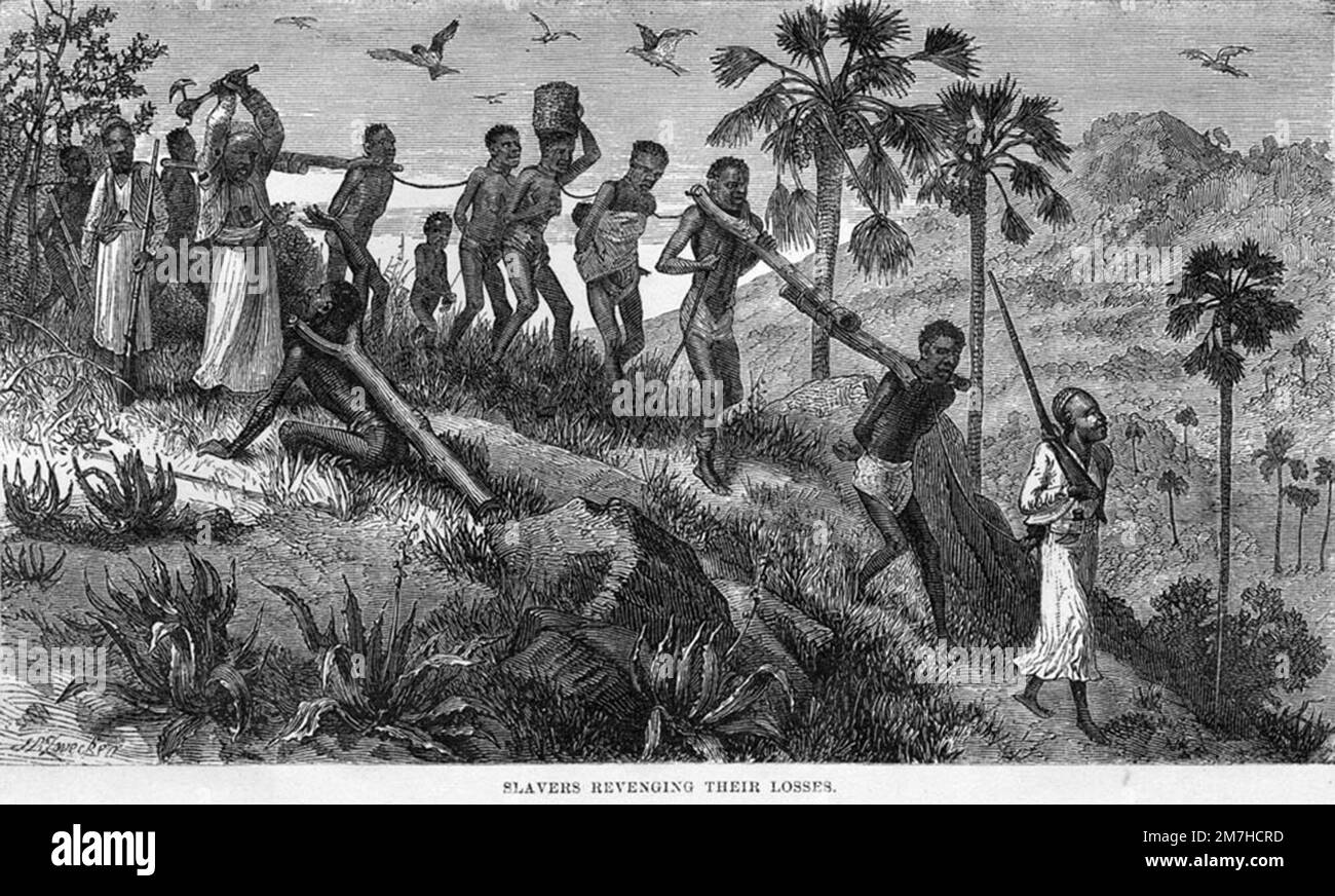 Marchands d'esclaves arabo-swahili et leurs captifs sur le fleuve Ruvuma en Afrique de l'est, 19th siècle Banque D'Images