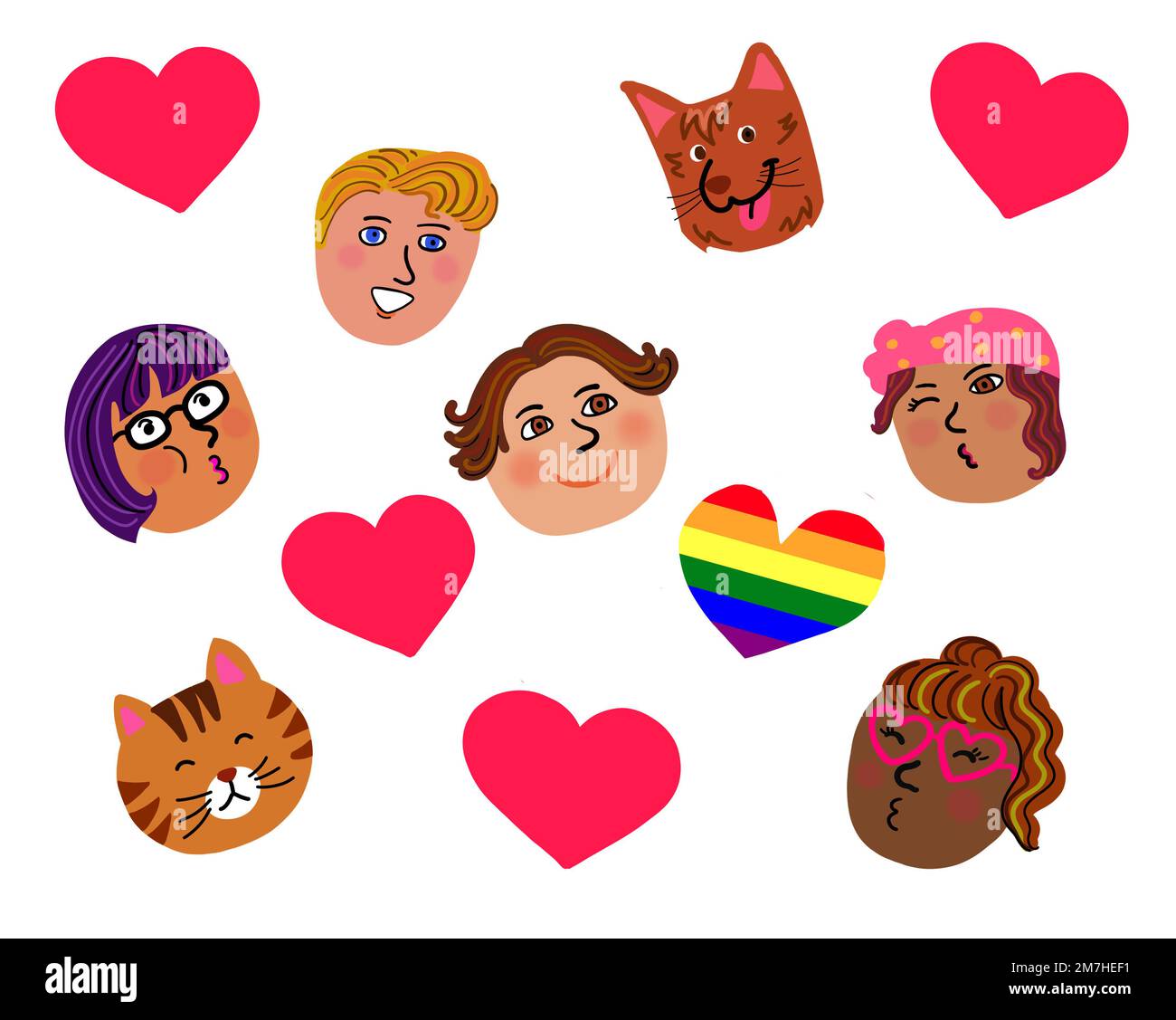 Visages d'un groupe de jeunes multiethniques et animaux de compagnie de forme rouge et gay arc-en-ciel coeur. J'adore le concept de la Saint-Valentin. Banque D'Images