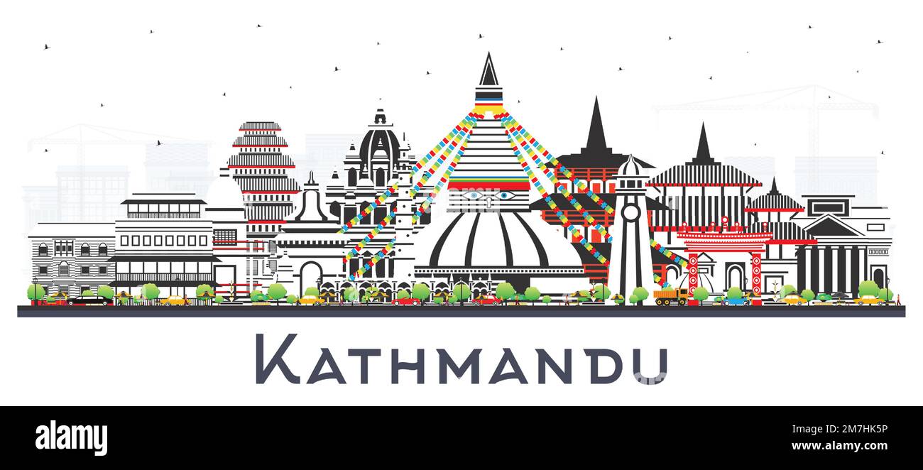 Katmandou Nepal City Skyline avec des bâtiments de couleur isolés sur blanc. Illustration vectorielle. Katmandou Cityscape avec des monuments. Entreprise Illustration de Vecteur
