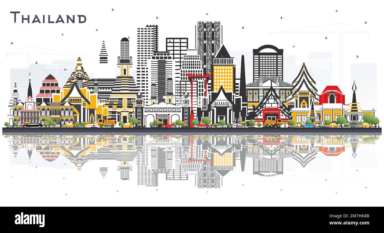 Vue panoramique de la ville de Thaïlande avec des bâtiments de couleur et des réflexions isolées sur le blanc. Illustration vectorielle. Concept de tourisme avec architecture historique. Illustration de Vecteur