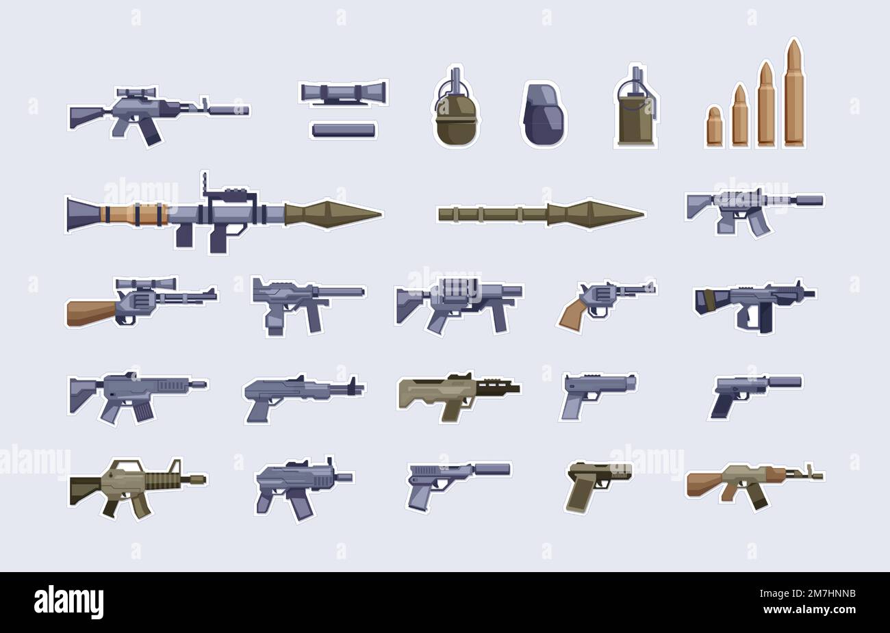 Armes à feu militaires. Ensemble d'arsenal de combat automatique fournit grenade pistolet de fusil de chasse, arme d'armée et munitions de guerre pour le jeu de tir. Illustration de la collection vectorielle d'équipements de protection et de défense Illustration de Vecteur