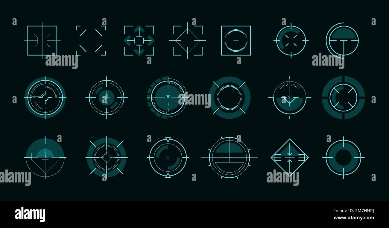 interface utilisateur HUD AIM. Cadre de cible futuriste circulaire pour interface utilisateur de jeu, hologramme de vue d'arme de sniper militaire, centre de science-fiction de hud ui tech, cercle de jeu de cadre. Illustration vectorielle Illustration de Vecteur