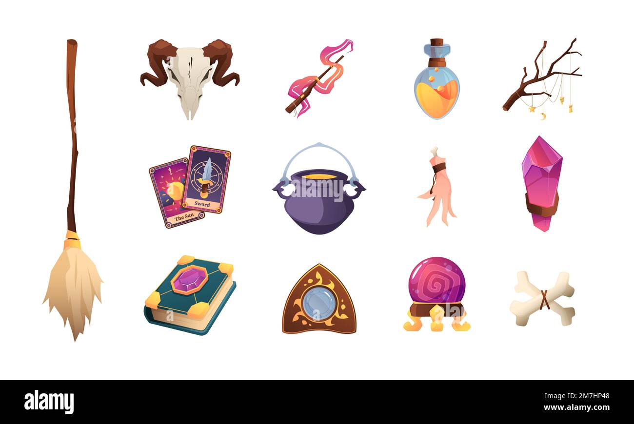 Collection Magic Elements. Caricature objets mystiques sorcellerie, sorcière coloré, magie bouteille de potion bouteille alchimie symboles occultes. Illustration de l'ensemble d'éléments de sorcellerie isolés par vecteur Illustration de Vecteur