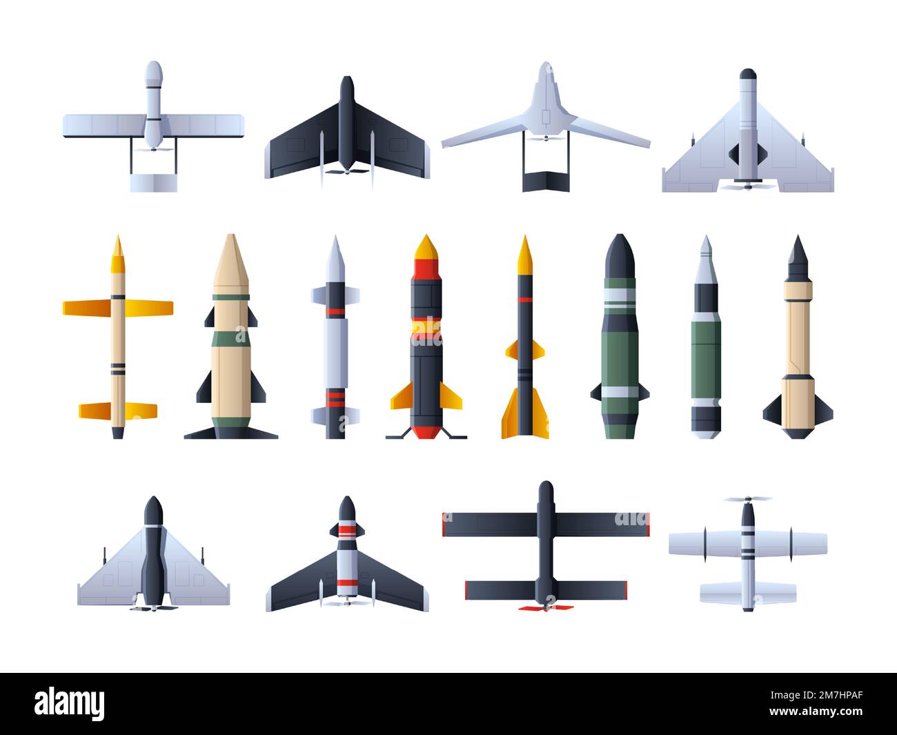 Missiles et drones militaires. Fusées balistiques avec avions militaires sans pilote à ogives pour l'intelligence, les attaques et la défense aérienne, et les armes de loitering. Ensemble vectoriel d'illustrations militaires antiaériennes de puissance Illustration de Vecteur