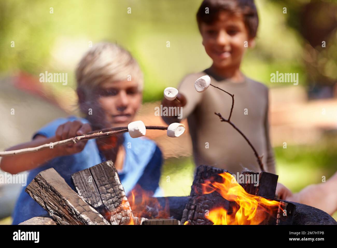 Faire fondre ces mamelles. Les enfants apprécient la torréfaction des guimauves au camp d'été. Banque D'Images