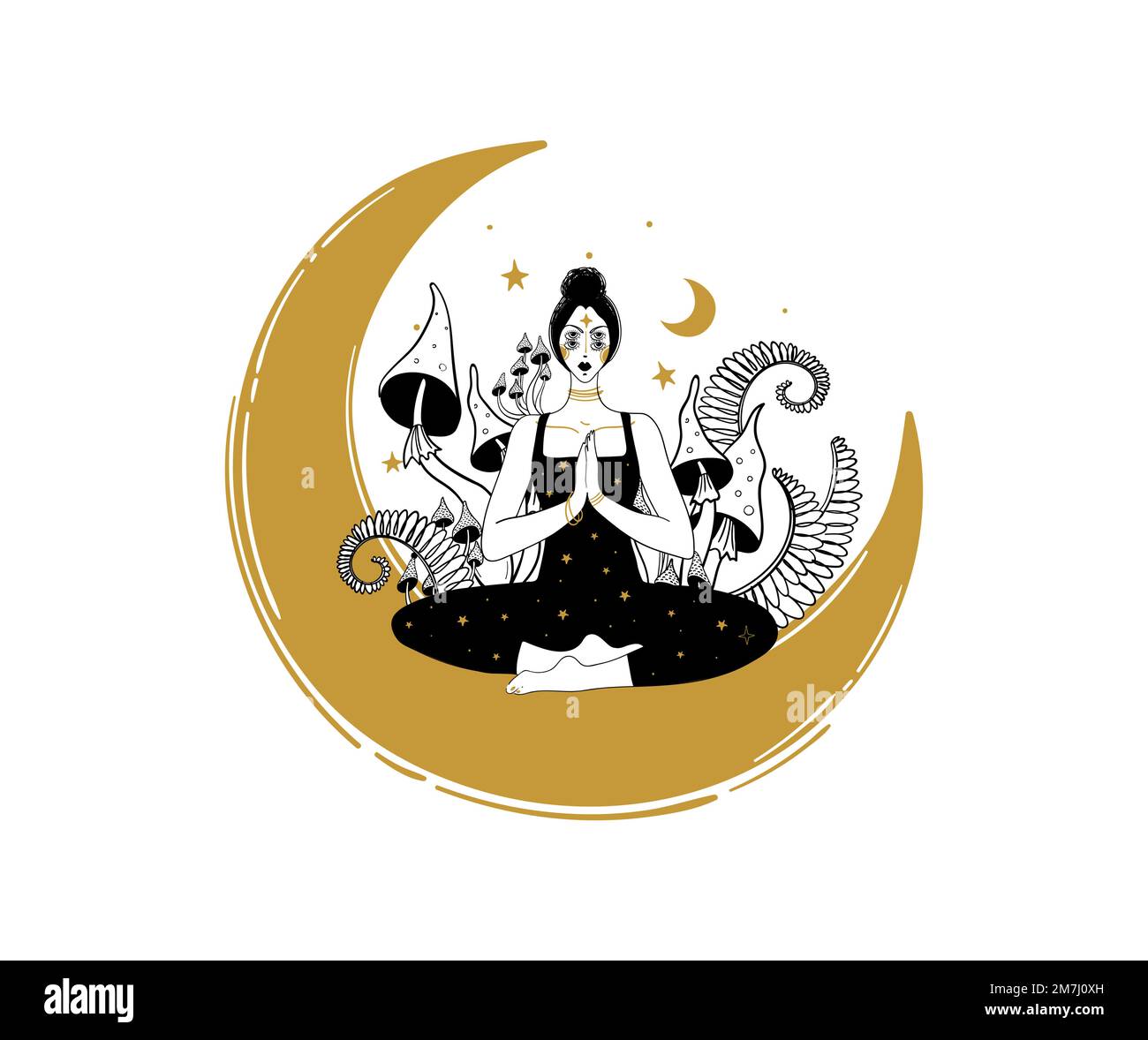 Concept de microdosage de champignons, une femme en position lotus médite en étant assise sur la lune. Tatouage linéaire mystique, icône ésotérique, style boho Illustration de Vecteur