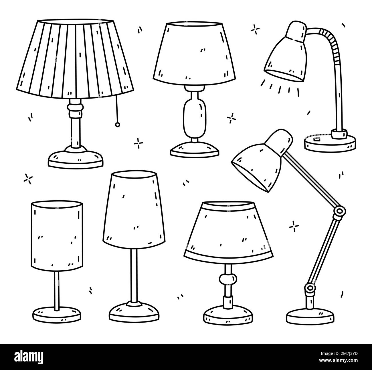 Ensemble de lampes de table isolées sur fond blanc. Articles intérieurs pour chambre, salon, bureau. Illustration vectorielle d'une caniche dessinée à la main. Parfait pour les décorations, le logo, divers motifs. Illustration de Vecteur