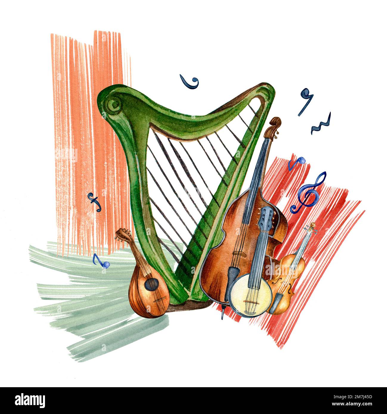 Harpe, violon, contrebasse, banjo et aquarelle peinte isolée. Instruments de musique à cordes dessinés à la main. Élément de conception pour la circulaire, Banque D'Images