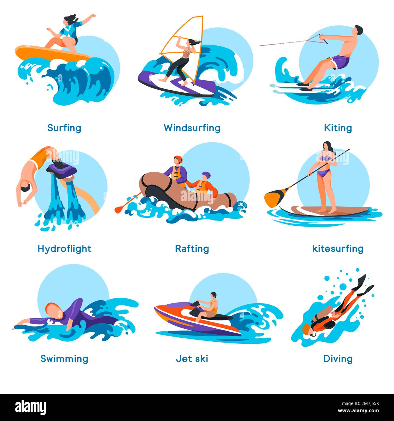 Activités sportives en été, loisirs aquatiques extrêmes Illustration de Vecteur
