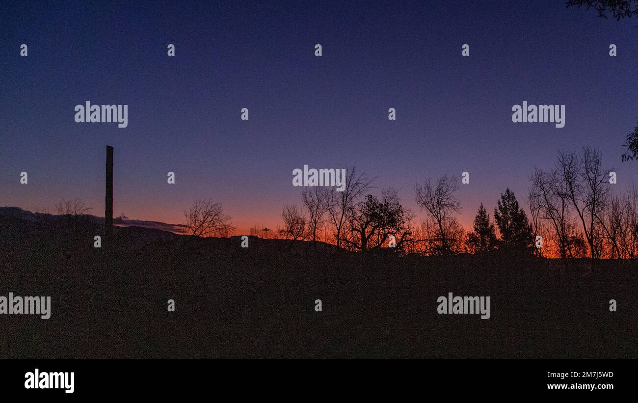 Landsacpe près de Tulbagh au coucher du soleil avec ciel orange et silhouettes d'arbres, Cap occidental, Afrique du Sud Banque D'Images