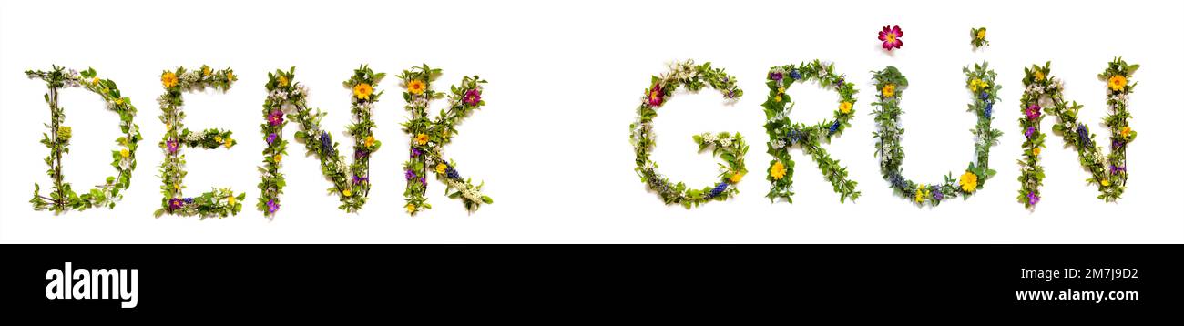 Fleurs lettres Bâtiment texte allemand Denk Gruen signifie Think Green Banque D'Images