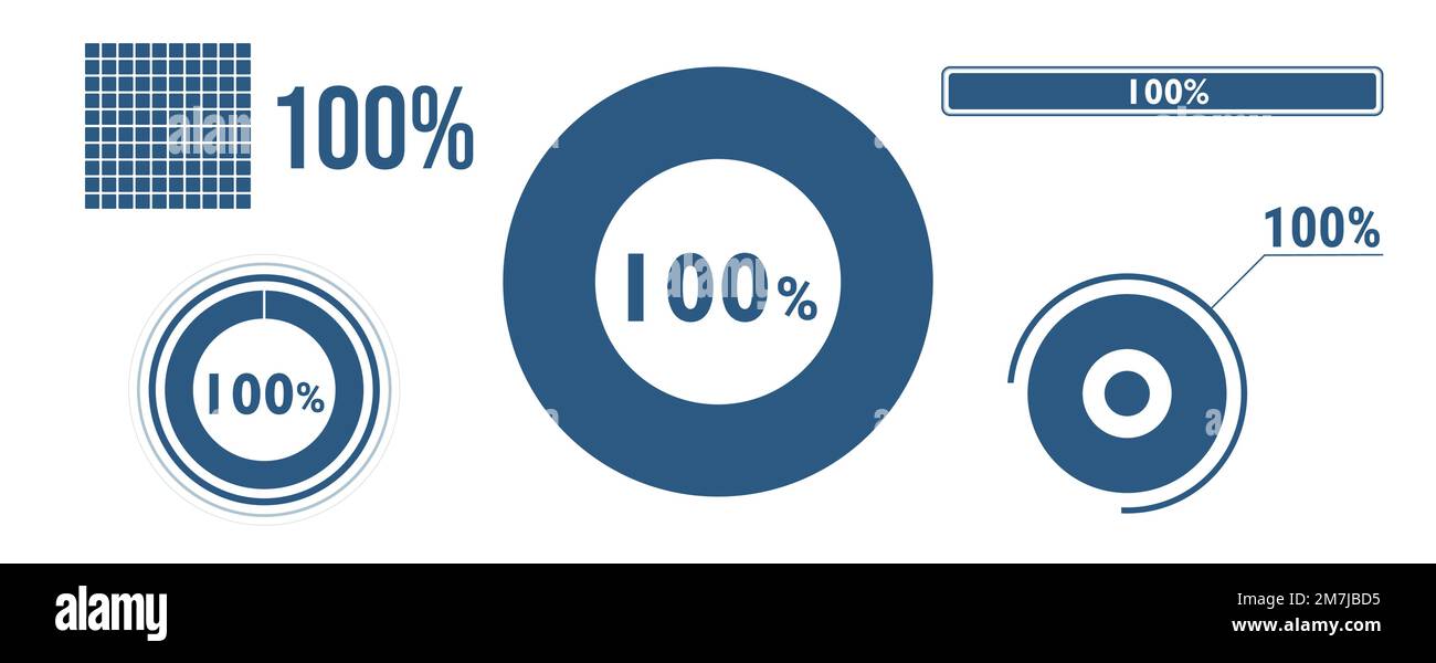 ensemble d'icônes de chargement de données à 100 %. Diagramme de cent cercles, diagramme circulaire, barre de progression. infographie : 100 % de pourcentage. Collection de concepts vectoriels, bleu Illustration de Vecteur