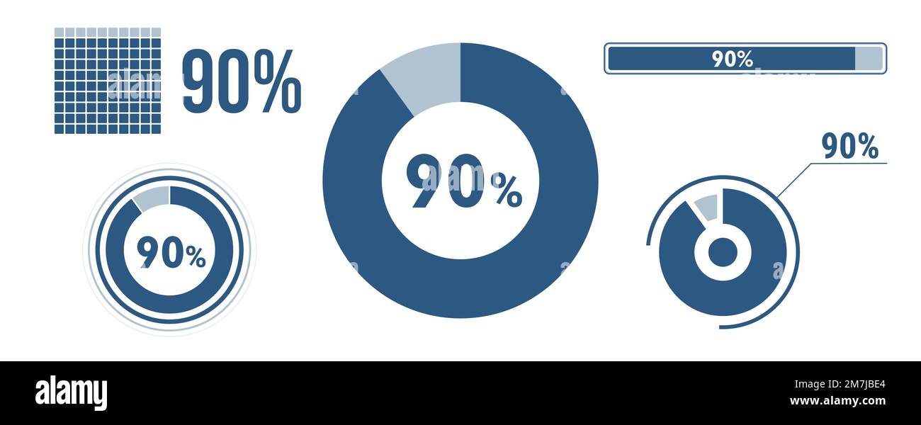 ensemble d'icônes de chargement de données à 90 %. Diagramme de quatre-vingt-dix cercles, diagramme circulaire, barre de progression. infographie : 90 % de pourcentage. Collection de concepts vectoriels, Blue co Illustration de Vecteur