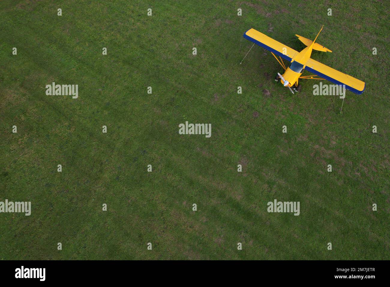 petit avion jaune utilisé pour les courts trajets vus d'en haut, garé sur un champ vert Banque D'Images
