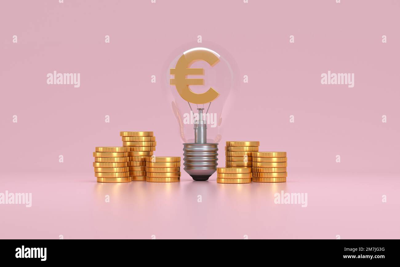 Ampoule à économie d'énergie pour panneau Euro et pièces empilées sur fond rose. 3D rendu. Banque D'Images