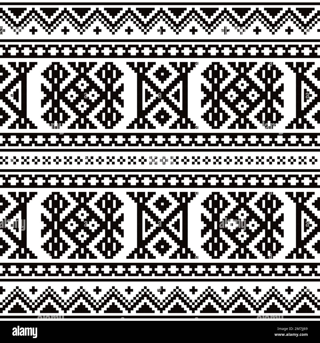 Sami folk art vectoriel sans couture, design rétro conçu comme un ornement traditionnel en point de croix de Laponie en noir et blanc Illustration de Vecteur