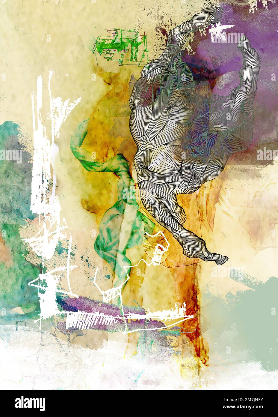 Aquarelle abstraite et illustration linéaire de la métamorphose d'un homme en agonie Banque D'Images