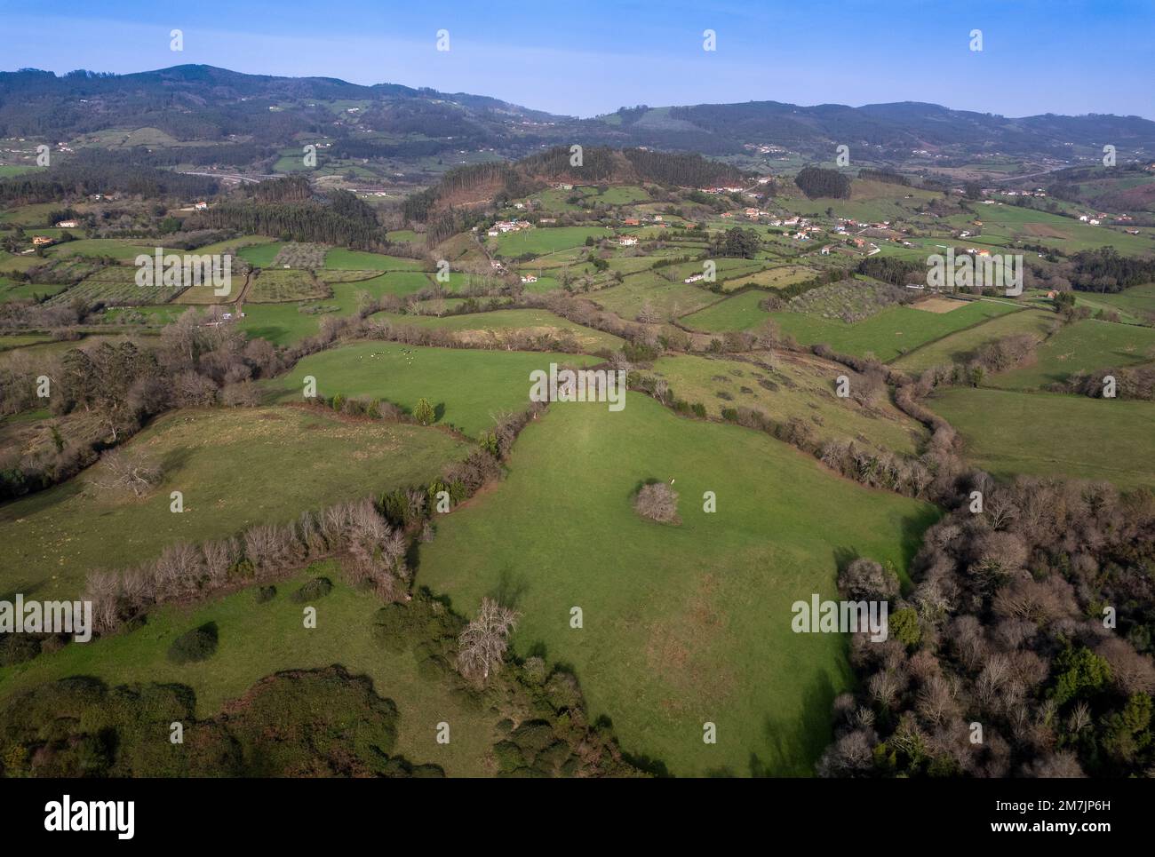 Vue aérienne du paysage rural, Villaviciosa, Asturies, Espagne Banque D'Images