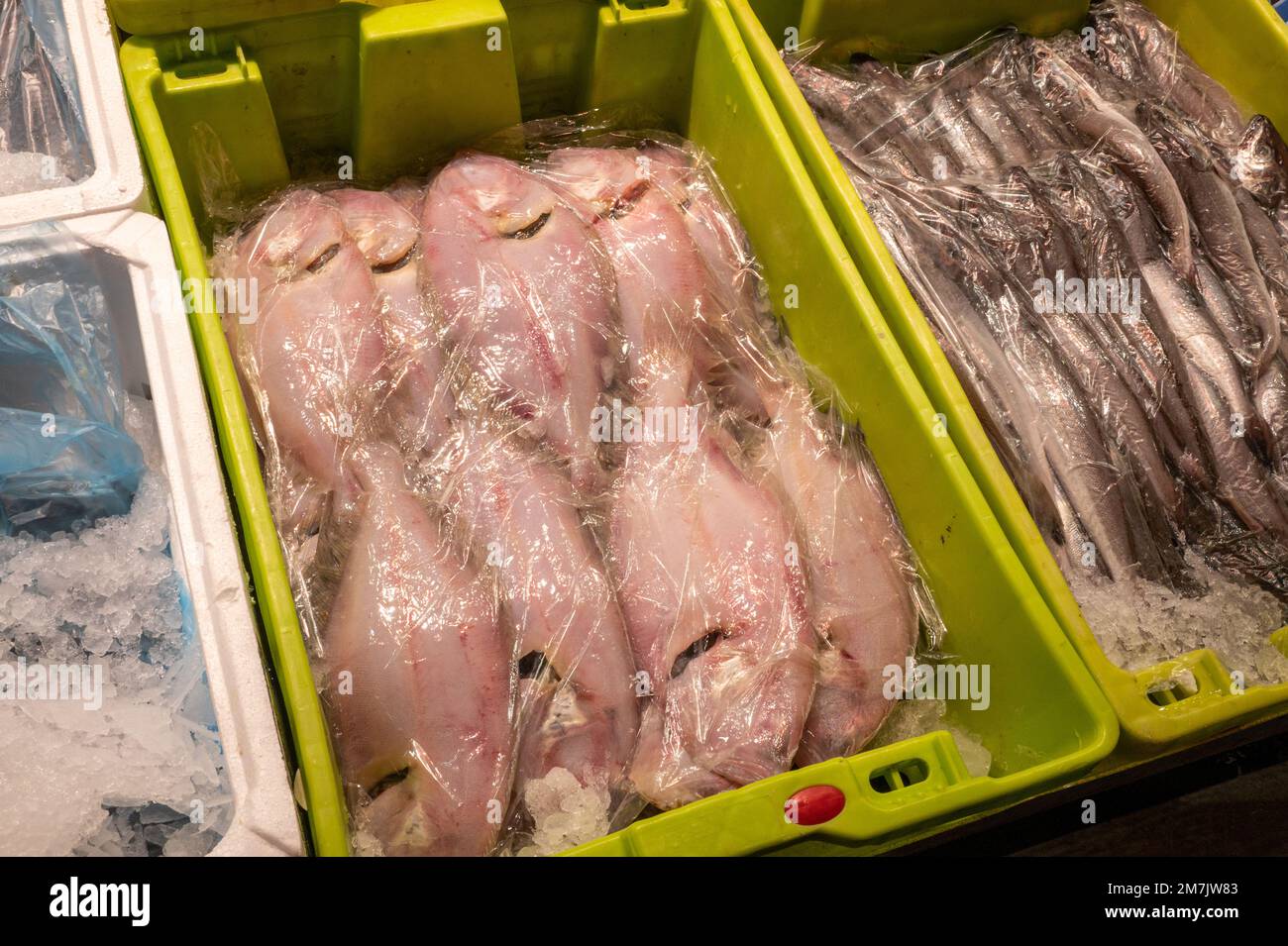 Poisson frais à vendre sur le plus grand marché alimentaire de gros en Espagne, Madrid, Espagne Banque D'Images