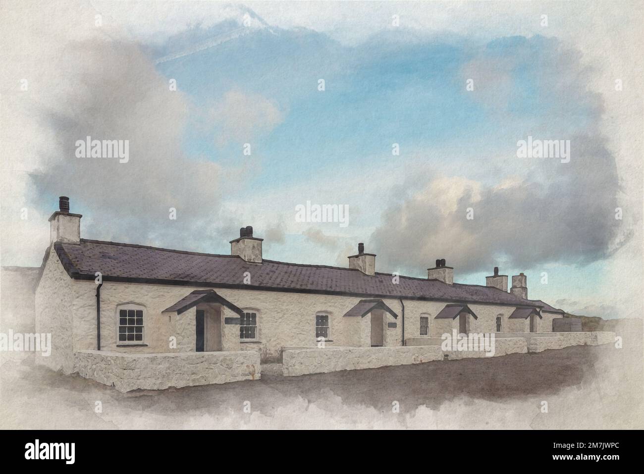 Peinture numérique aquarelle des cottages du pilote et traversée à Ynys Llanddwyn sur Anglesey, au pays de Galles, au Royaume-Uni Banque D'Images