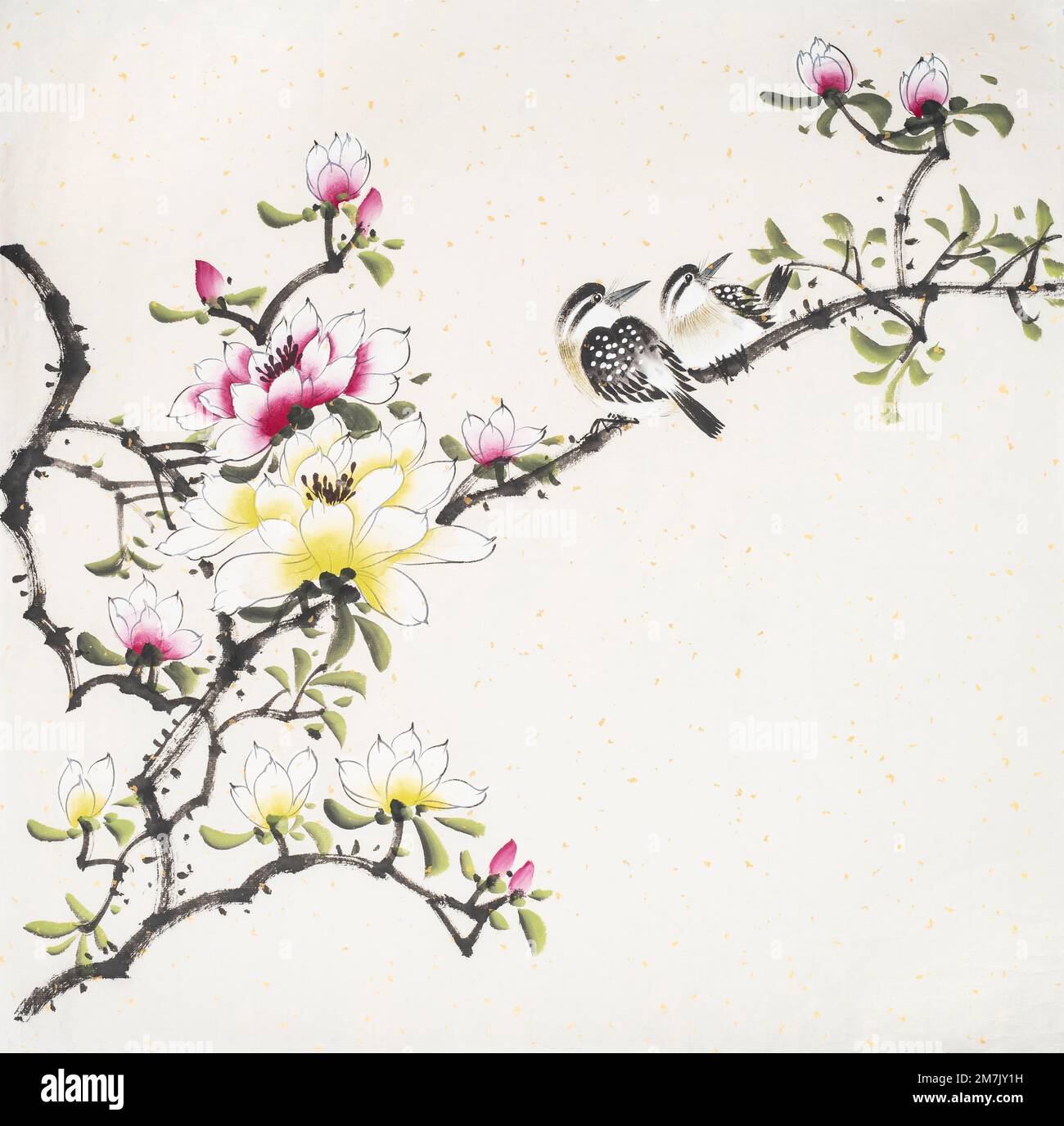 Peinture chinoise d'un magnolia fleuri avec deux oiseaux Banque D'Images