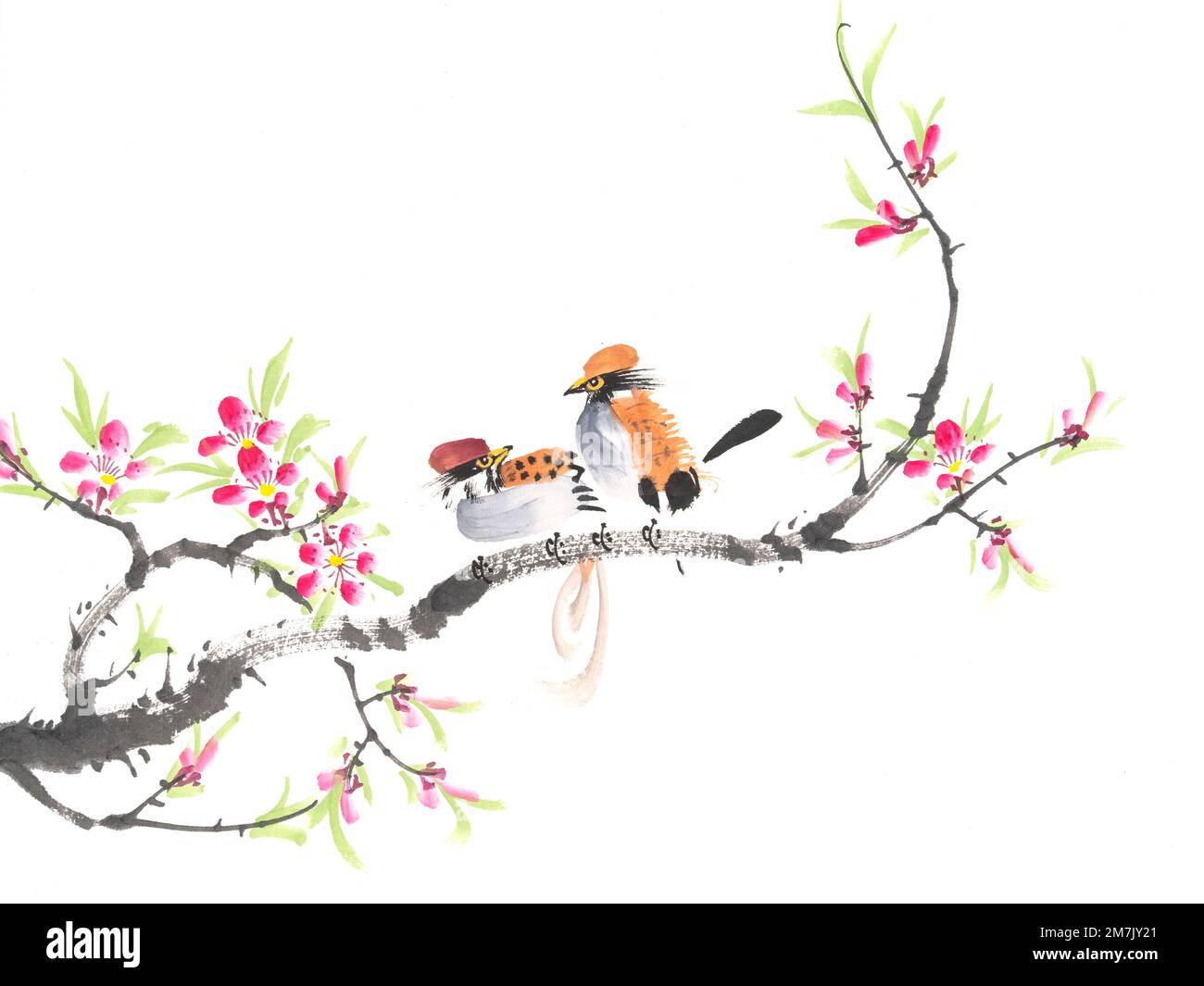 Peinture chinoise traditionnelle de fleurs et de deux oiseaux Banque D'Images