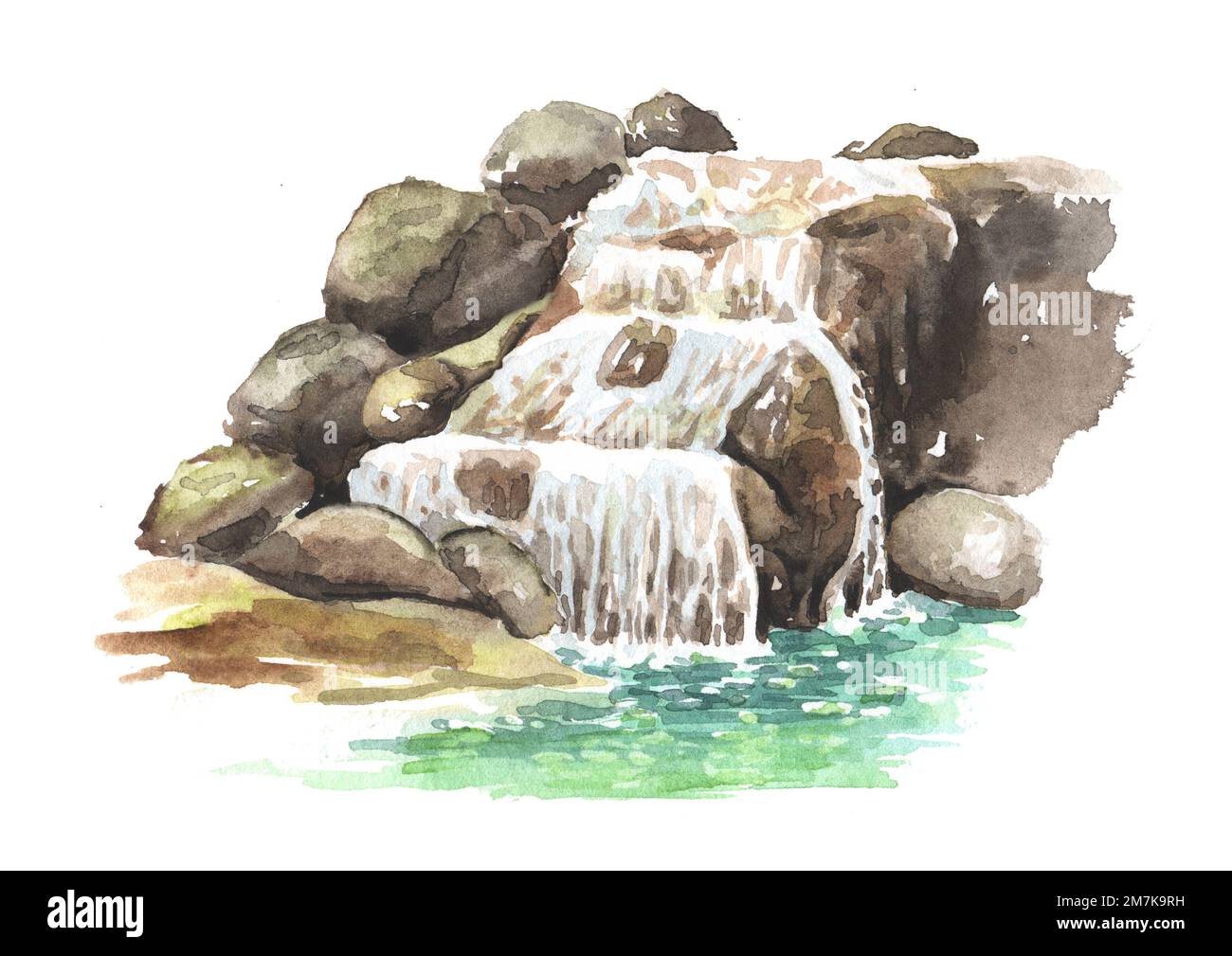 Cascade. Illustration aquarelle dessinée à la main, isolée sur fond blanc Banque D'Images