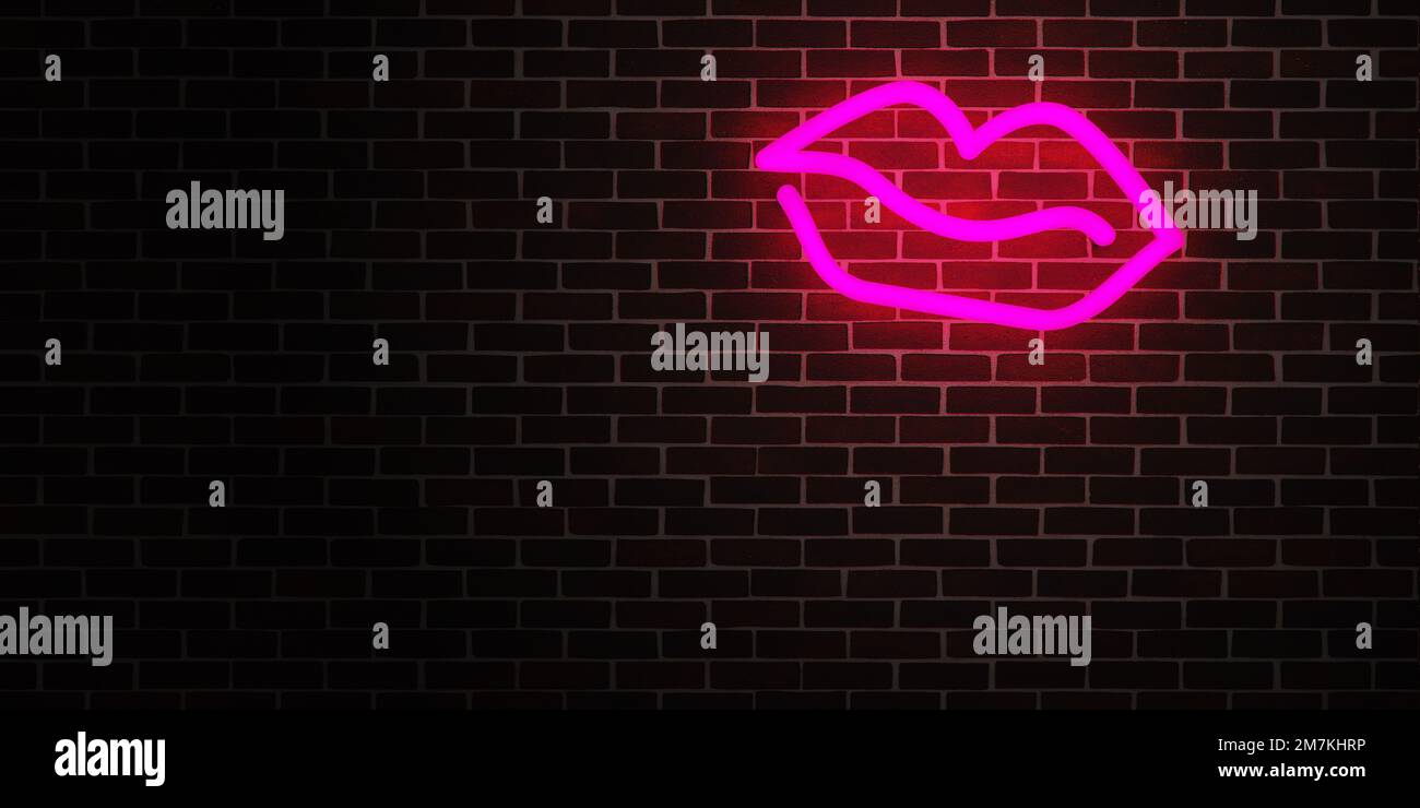 Lèvres lumineuses au néon rose brillant sur un mur de brique avec espace pour votre texte, image ou produit, concept Happy Valentines Day Banque D'Images