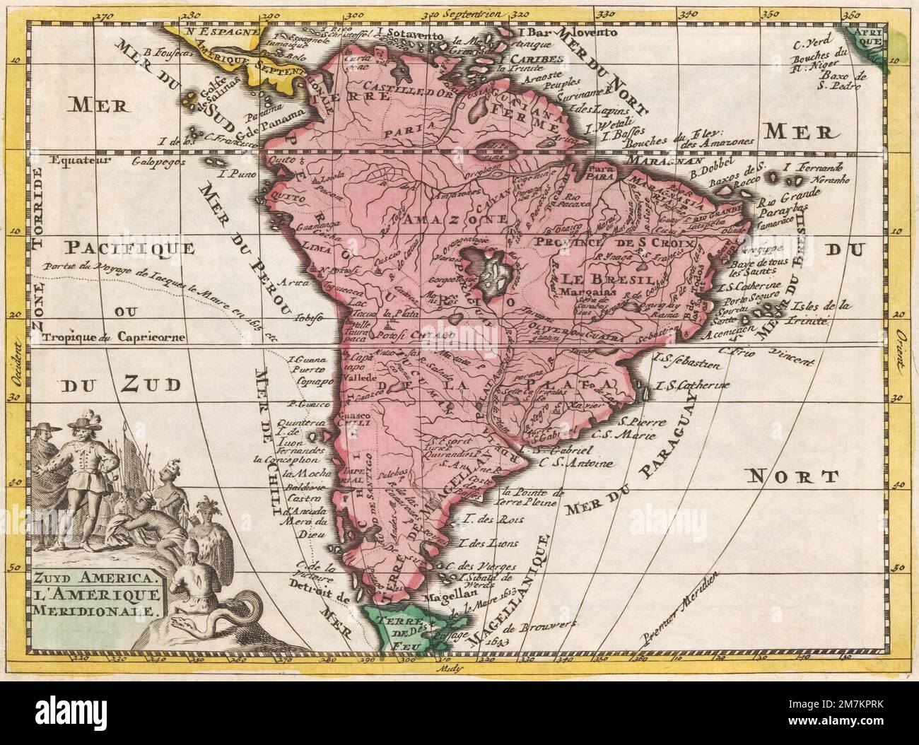 Une carte de l'Amérique du Sud du début du 18th siècle par un cartographe anonyme. Banque D'Images