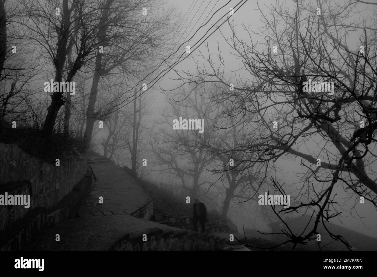 Photo en niveaux de gris d'un homme qui monte dans les escaliers de Masuleh. District de Sardar-e Jangal, Fuman, Iran. Banque D'Images