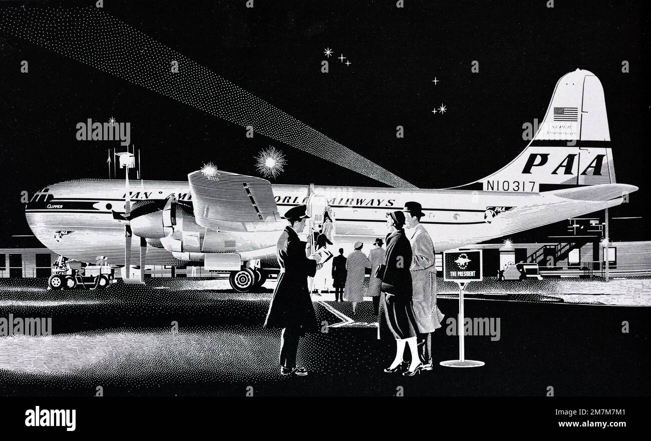 Publicité, publicité, publicité ou illustration vintage ou ancienne pour un vol de nuit avec Panam, Pan American Airlines ou PAA 1956 Banque D'Images