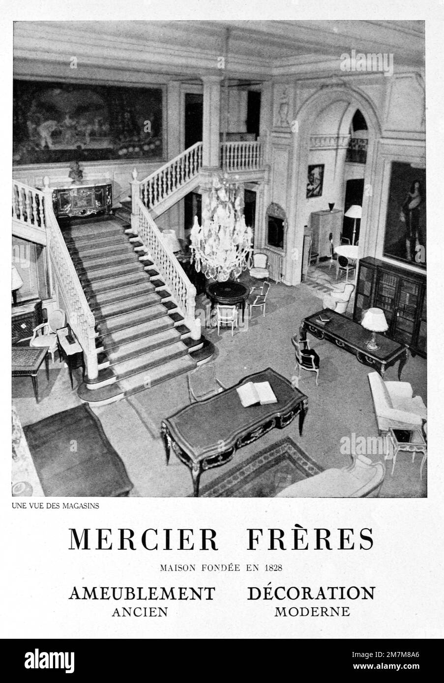 Publicité, publicité, publicité ou illustration vintage ou ancienne pour l'intérieur de 1950s mobilier magasin ou magasin de meubles Mercier Frères Paris France 1956 Banque D'Images