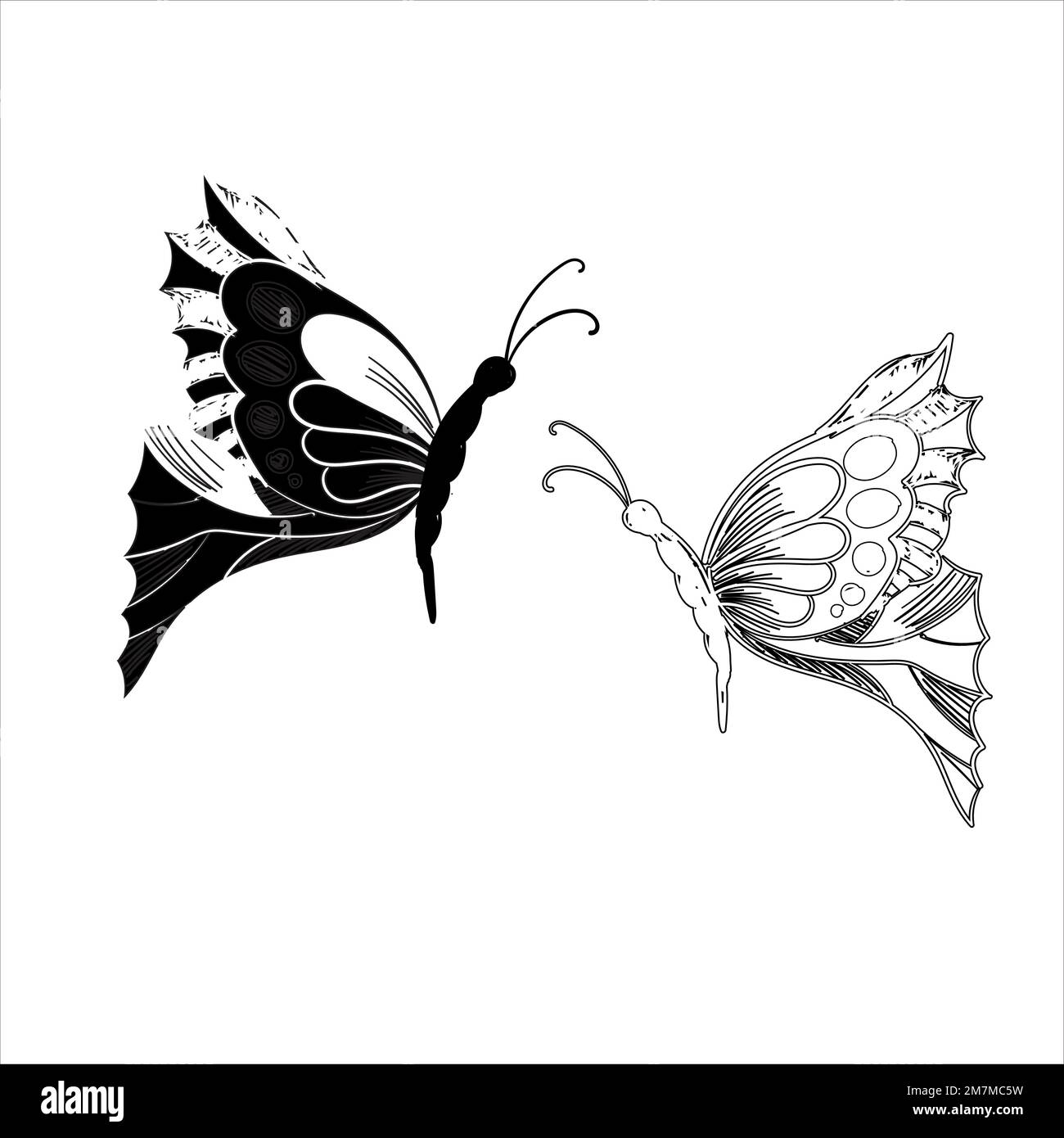 Ensemble de papillons graphique noir blanc isolé esquisse vecteur d'illustration. Motif moderne sans couture représentant des contours de papillons monarques sur fond blanc Illustration de Vecteur