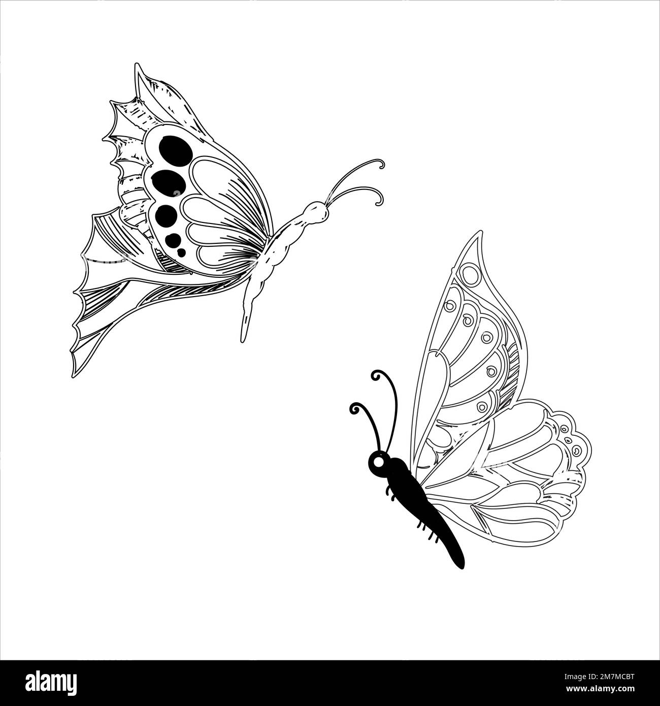 Ensemble de papillons graphique noir blanc isolé esquisse vecteur d'illustration. Motif moderne sans couture représentant des contours de papillons monarques sur fond blanc Illustration de Vecteur