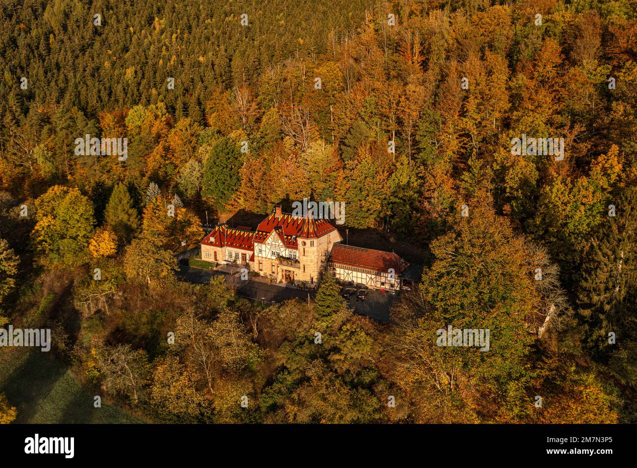 Allemagne, Thuringe, Schwarzburg, maison pittoresque, ancien bâtiment de réception de la gare, forêt, vue aérienne Banque D'Images
