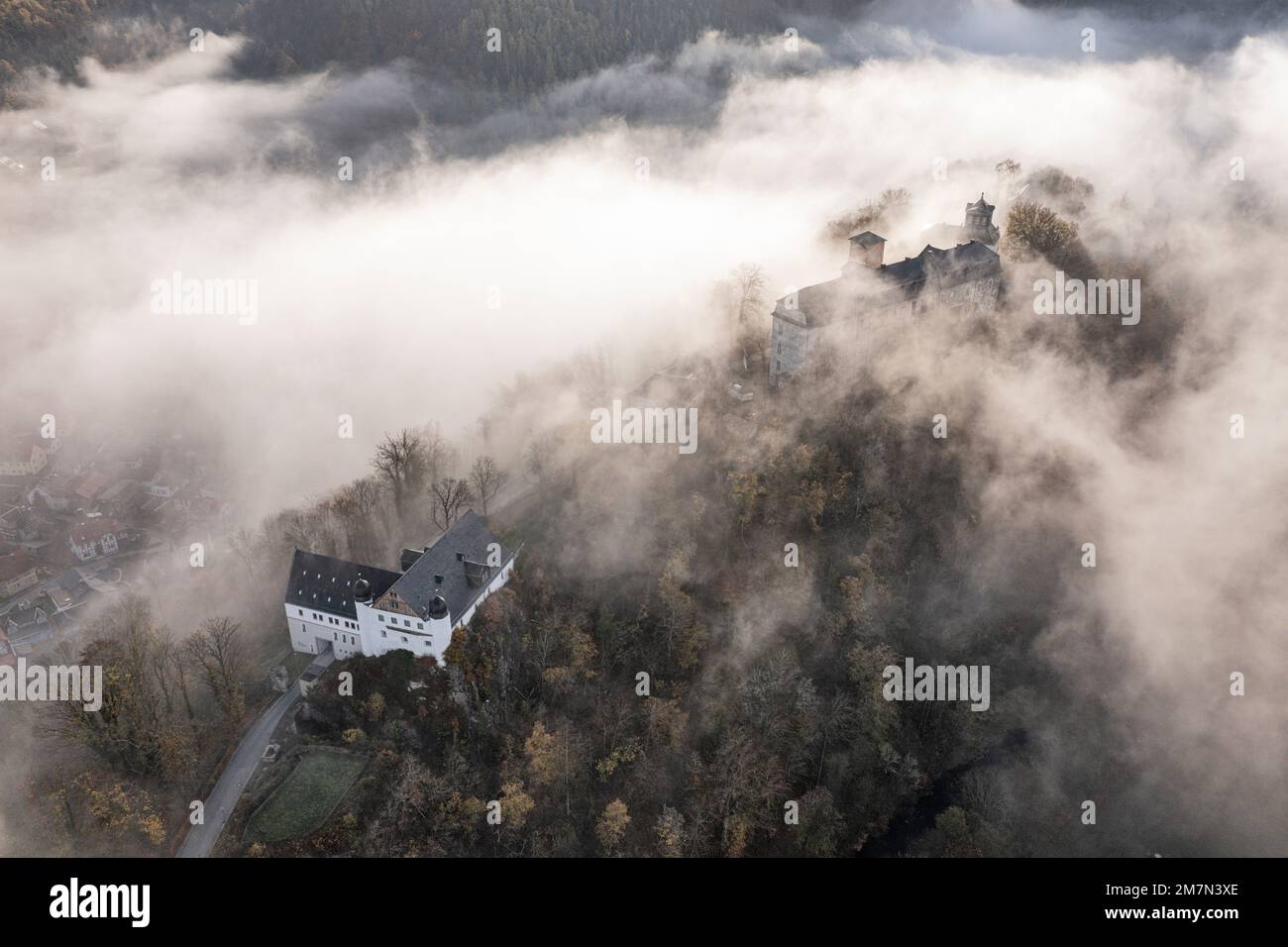Allemagne, Thuringe, Schwarzburg, château en partie montant du brouillard de la vallée, armory (premier plan), vue générale, vue oblique, humeur, Vue aérienne, Ggenlicht Banque D'Images