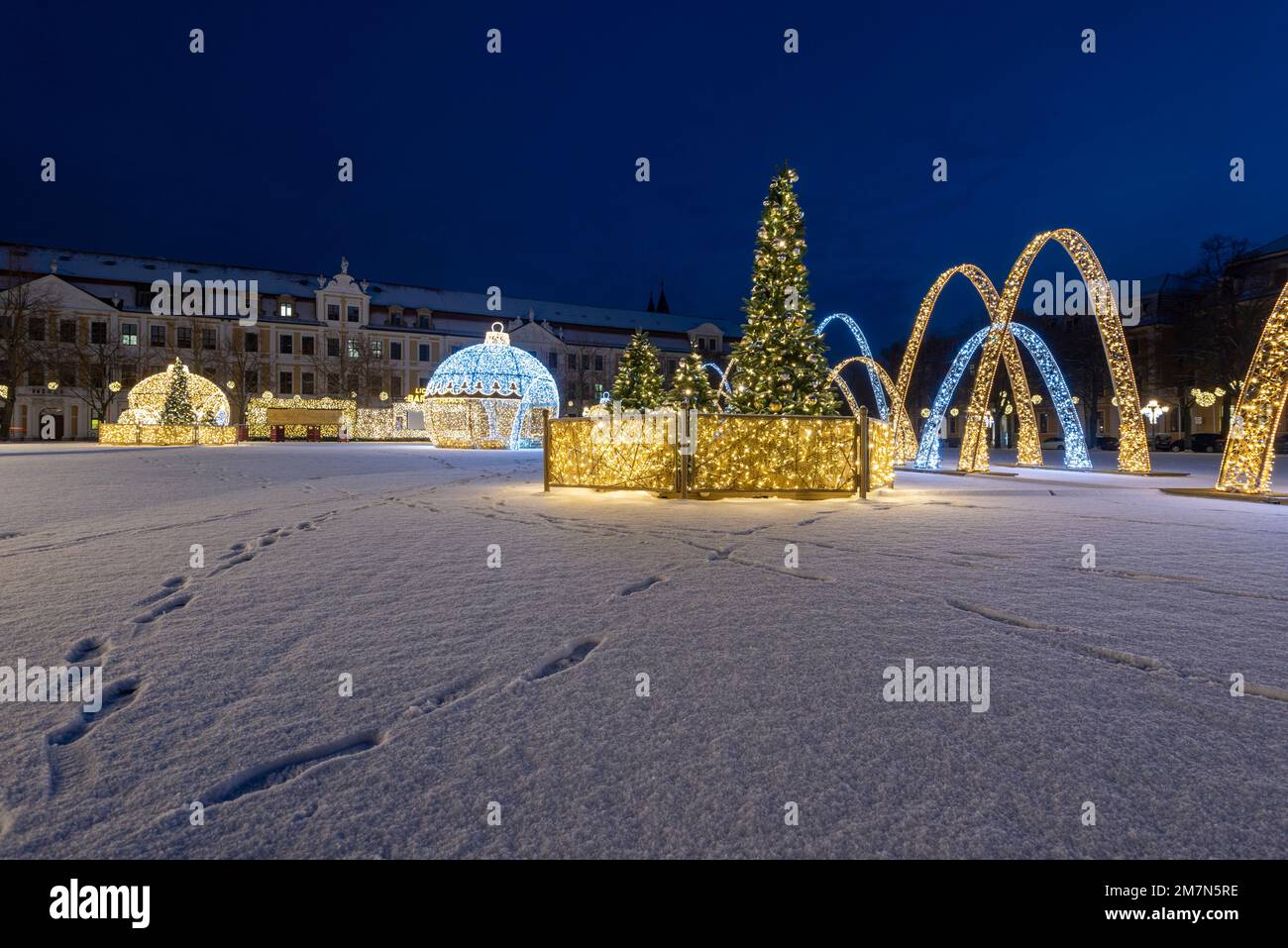 Place de la cathédrale enneigée avec Parlement de l'État de Saxe-Anhalt, arbres de Noël lumineux, boules de Noël lumineuses, monde de Noël des lumières, Magdebourg, Saxe-Anhalt, Allemagne Banque D'Images